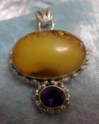 925 Sterling Amber & Amethyst Pendant