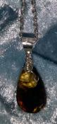 925 Sterling Silver Mexican Amber Pendant & Chain